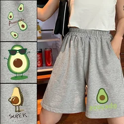 Cintura elástica casual praia cintura alta cordão com bolso abacate impresso shorts feminino verão fitness respirável tendência shorts