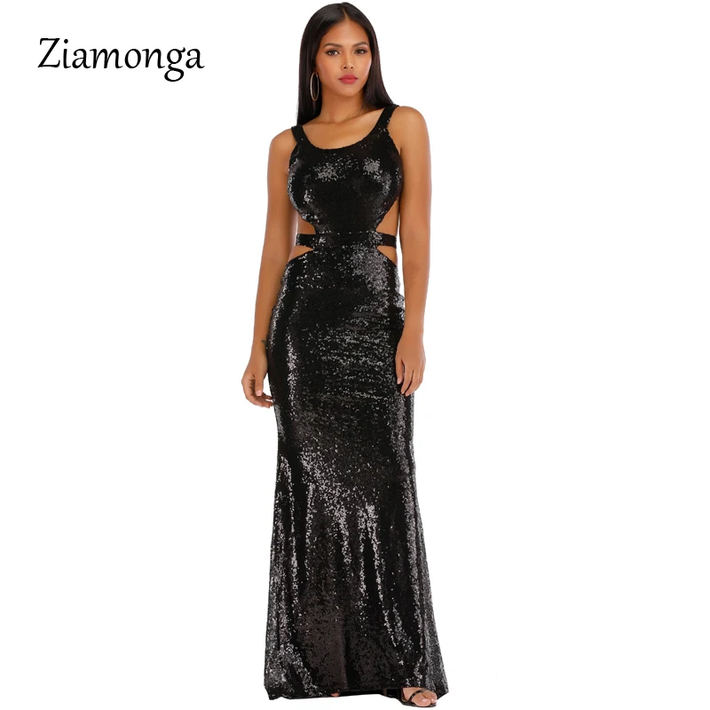 Black Ziamonga, вечернее длинное платье, блестящее, новинка, с круглым вырезом, женское, элегантное, с блестками, Русалка, макси, для вечеринки, платье, сексуальное, подиумный стиль - Цвет: Black