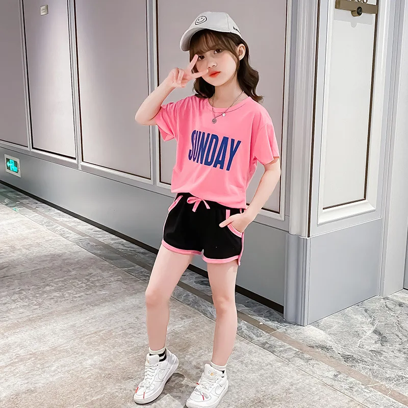 Summer Girls Clothes Set Short Sleeve T-shirt+Short Pants 2 PCS Children Clothing For Girls Teen Kids Clothes 4 6 8 10 12 Years