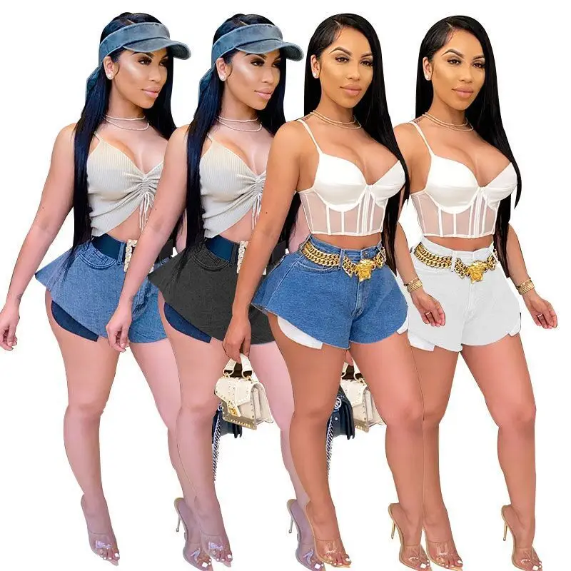 Washed Zipper Up Flare Denim Shorts Women's Jeans Streetwear Short Jean Plus Size XS-5XL Solid Wide Leg Pants With Pockets | Женская