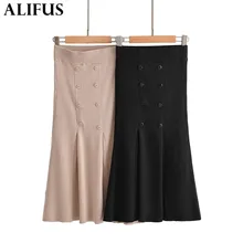 Мода Za, женские юбки,, одноцветная, рыбий хвост, стильная, повседневная юбка, эластичная, высокая талия, элегантная, пуговицы, Вязанная, миди, для женщин, для девушек