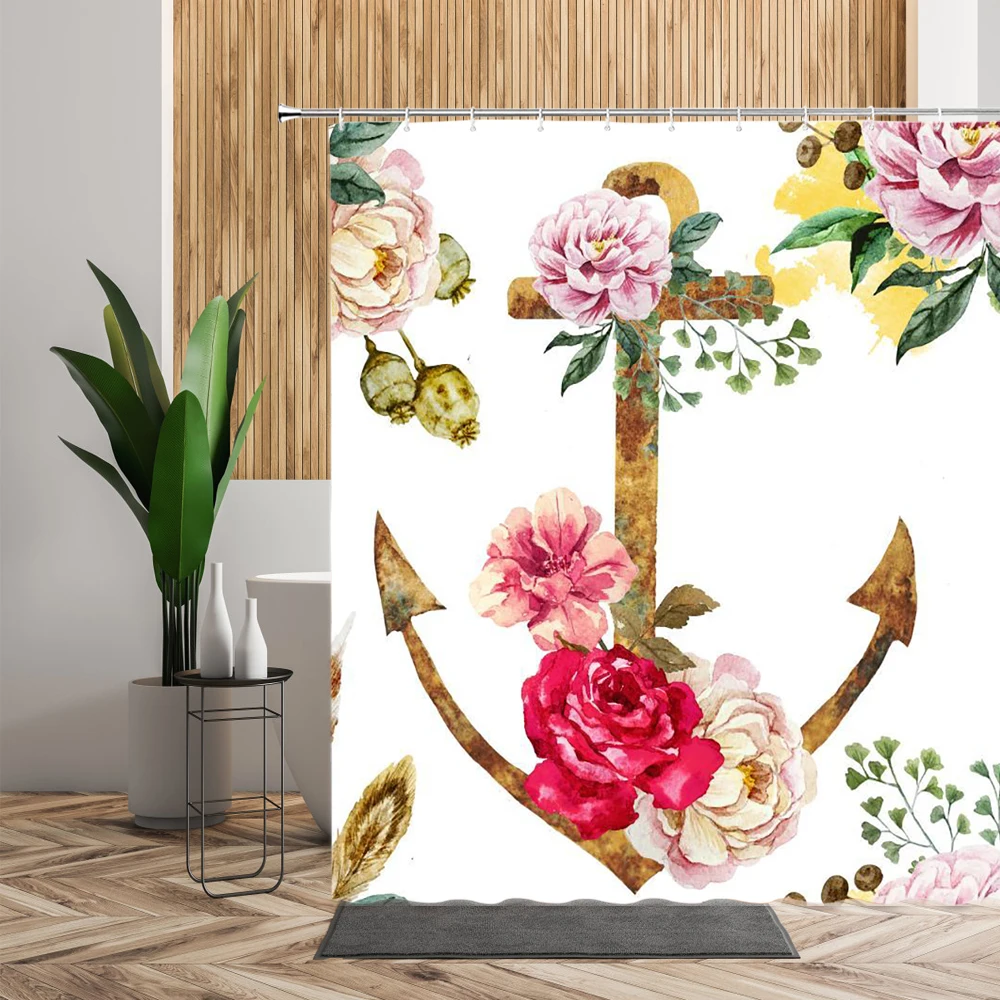 

Занавеска для душа с якорем, водонепроницаемая тканевая декоративная штора с цветочным принтом для ванны и ванной, с крючками