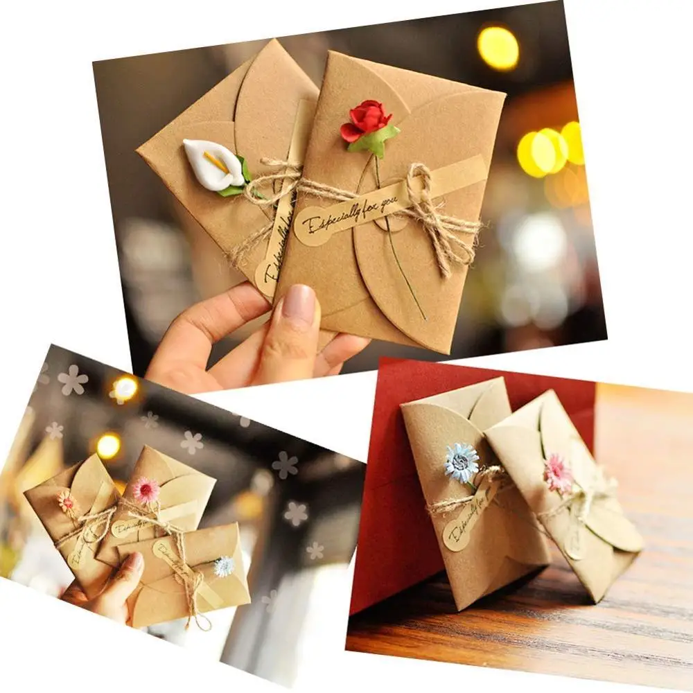  Kraft Paper Handmade Greeting Cards DIY Invitation Envelopes Thank You Flower Postcard Envelope Chr - 4000380921552