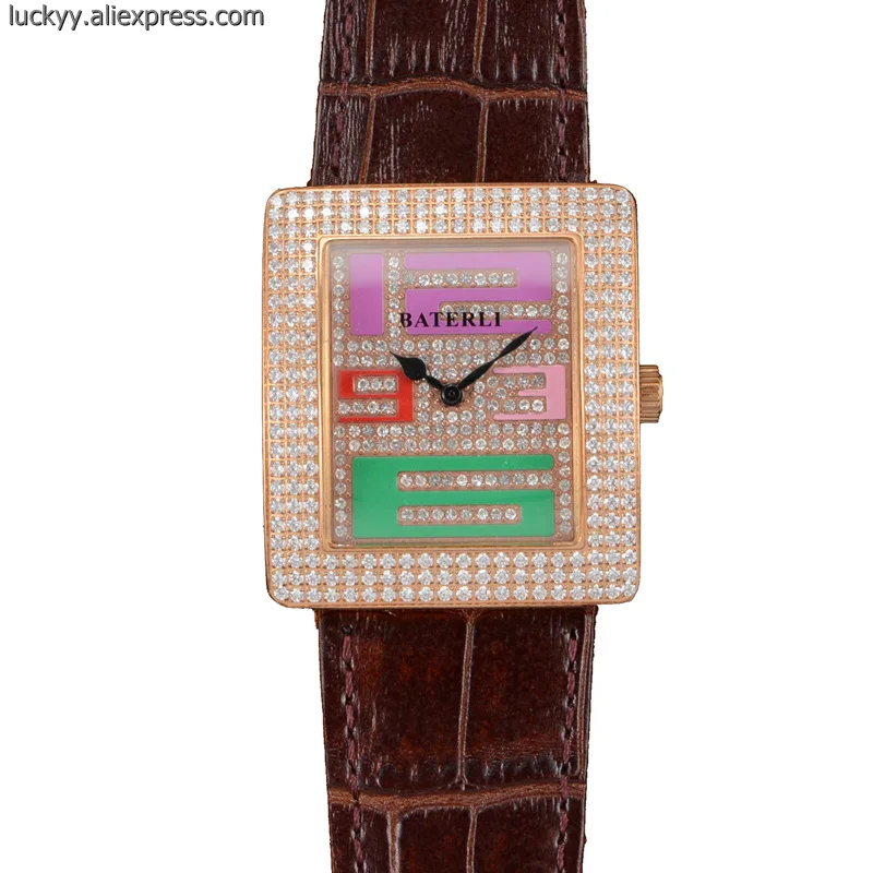 

New Stainless steel rose gold women watch quartz diamond ladies clock brown leather strap pin buckle rectangle wristwatch A178