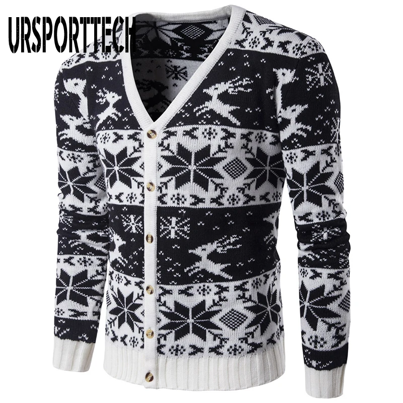 Fashion Christmas Sweater Men Autumn Winter Warm Printed Single-breasted Knit Cardigan Casual Stand Collar Mens Cardigan Sweater