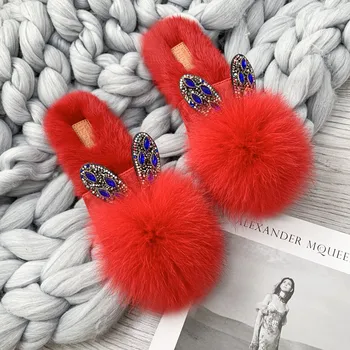 

2020 Spring Autumn Design Double Heart Rhinestone Ear Natural Rabbit Fur Headgear Slippers Flat Shoes Half Drag Women's Shoes