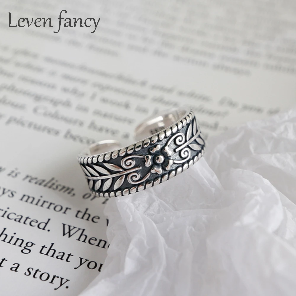 925 Sterling Silver Vintage Black Olive Leaf Flower Engraved Romantic Jewelry Charming S925 Ring for Girls Mother Gift | Украшения и