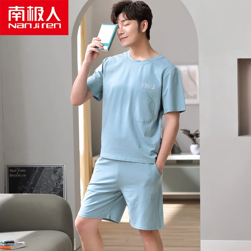 mens silk pajama set NANJIREN New Spring Men Pajamas Set Home Casual Light Blue 100%Cotton Short Sleeves O-NECK Shirt Shorts Pajamas Set for Men mens cotton pyjamas