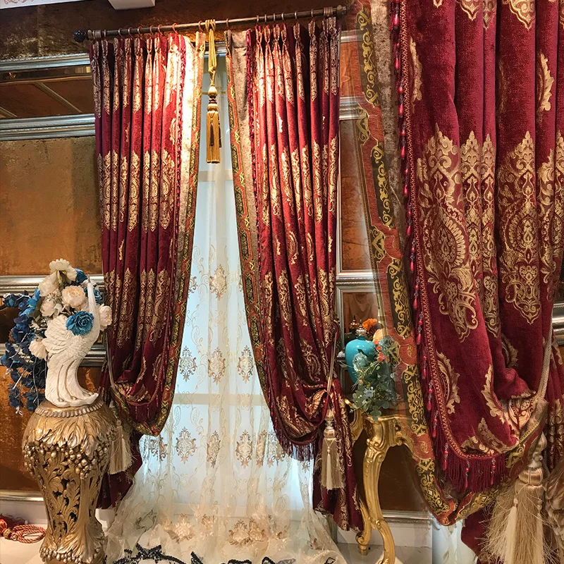 

Жаккардовые занавески в европейском стиле из красной дамасской шенили, занавески в европейском стиле для гостиной, спальни, балкона, занавески с вышивкой для виллы