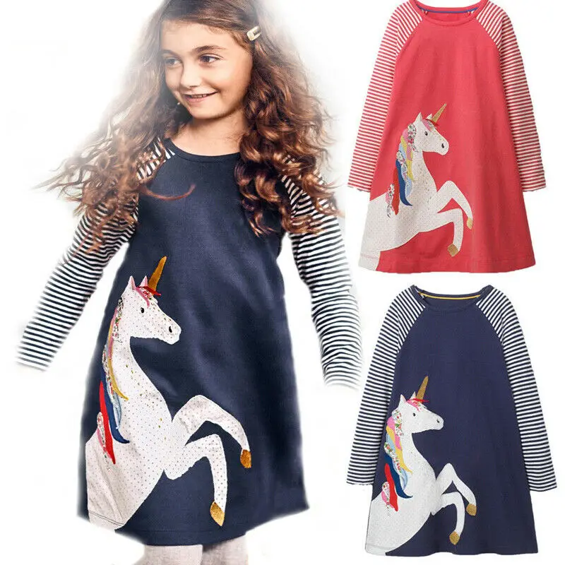 

Modish Cotton Kids Baby Girls Dress Unicorn Striped Long Sleeve Round Neck Dresses Tops Clothes