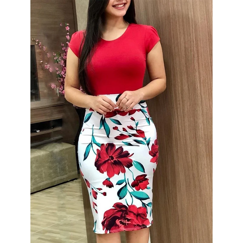 

CINESSD Floral Print Patchwork Bodycon Dress O Neck Short Sleeve Pullover Plus Size Ethnic Casual Knee Length Summer Short Dress