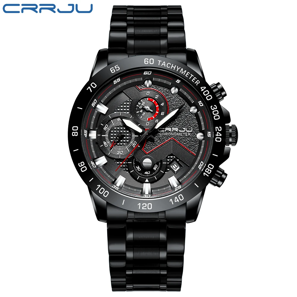 CRRJU, мужские часы, Лидирующий бренд, большой циферблат, спортивные часы, мужские роскошные кварцевые наручные часы, хронограф, мужские синие часы, Relogio Masculino - Color: black