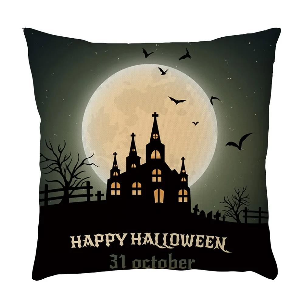 Square Horror Halloween Cushion Cover Linen Cotton Pillowcase Witch Pumpkin Castle Throw Waist Pillow Covers Home Decor Q3