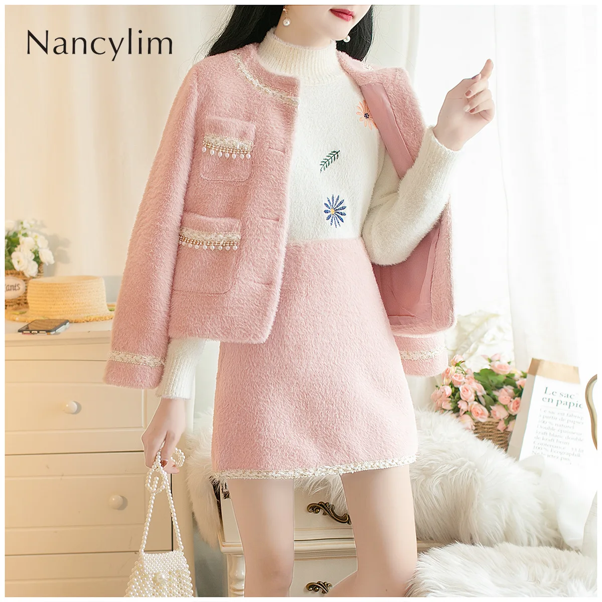 

2019 Autumn Winter New Small Fragrance Soft Mink Green Pearl Bead Coat A-line Skirt Two-piece Set Ladies Ensemble Femme 2 Pieces
