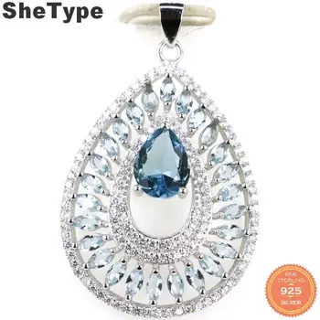 

39x25mm Charm Drop Shape 4.3g Created Golden Citrine London Blue Topaz CZ Gift For Sister 925 Solid Sterling Silver Pendant