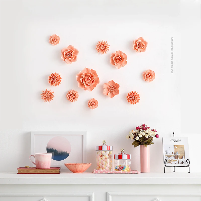 Chinese Orange Ceramic Peony Rose Flower Wall Hanging Home Livingroom Wall Sticker Decoration Cafe Store Lobby Mural Crafts