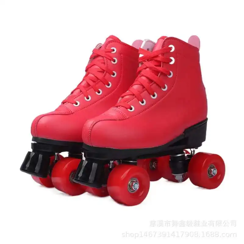 PU Leather Double-row Roller Skates for Men and Women, 4 Flash Wheels Skating Shoes, Training Sneakers, Adult Kids Red