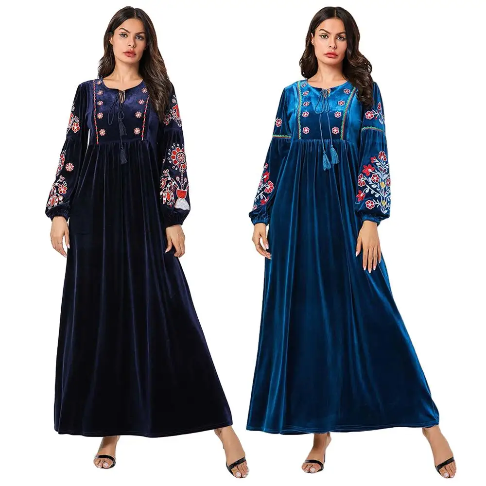 2019 модная мусульманская женская вышивка abaya Длинное Макси платье рубашка