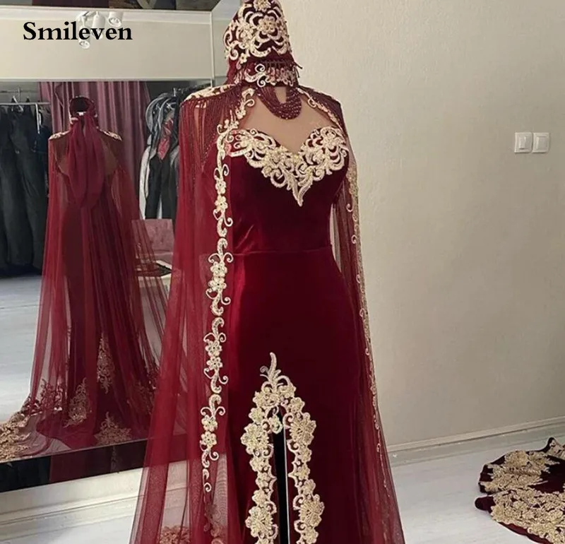 Smileven Burgund Karakou Algerischer Kaftan Meerjungfrau Abendkleider mit Spitze Schal Abendkleid Partykleider Maßgeschneidert – Detail 4