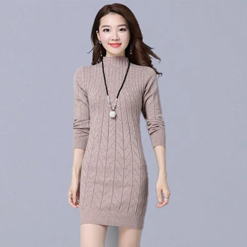 

Autumn Winter Basic Long Pullovers Sweaters Women New Fashion Korean Style Slim Female Casual Knitted Sweater Dresses P131