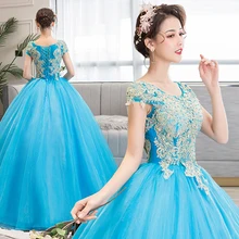 Кружевные бальные платья с рукавами-крылышками, маскарадные Бальные платья с аппликацией и круглым вырезом, 16 милых платьев, вечерние бальные платья