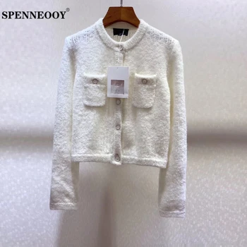

SPENNEOOY Designer Custom Runway Women Spring White Knitting Cardigans Pockets Button Ladies Fashion Streetwear Sweater