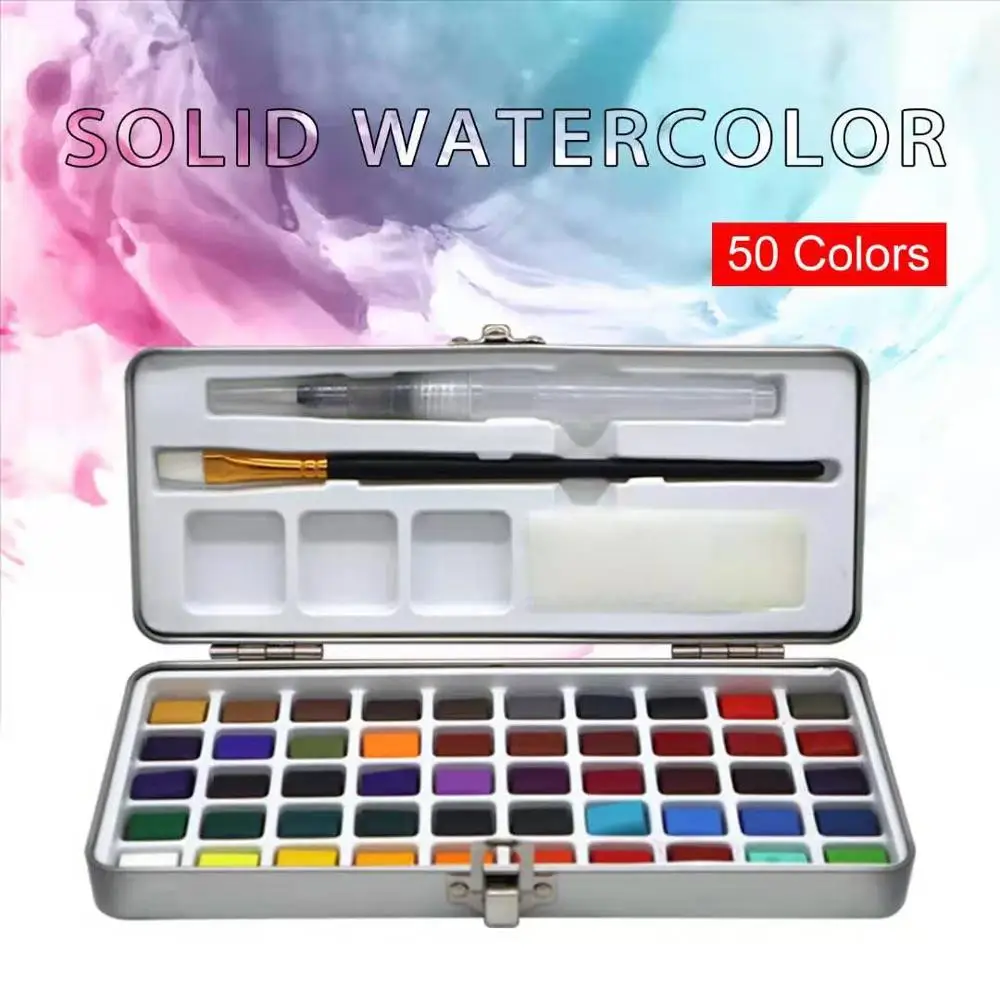Offerte SeamiArt 50 di Colore Solido Pittura Ad Acquerello Set Portatile In Metallo Casella di Acquerello Pigmento per Principianti Disegno Acquerello Forniture di Carta