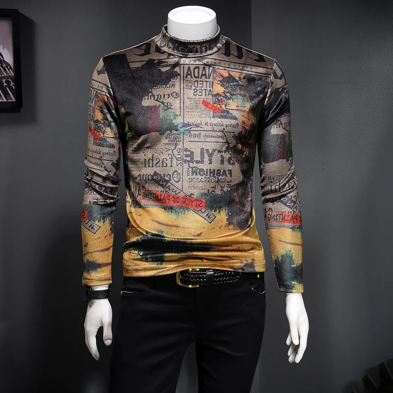 

Flannel Fabric Long-sleeved Tight Fashion Printing Casual Men Autumn Winter Men's Half-high Collar Slim T-shirt