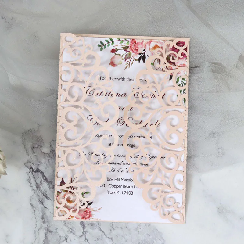  Luxury Flora Wedding Invitations Card Elegant Lace Favor Print Wedding Gold Red White Laser Cut Env - 4.00015E+12