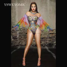 Разноцветные стразы, бахрома, трико, костюм для женщин на день рождения, выпускной, праздник, наряд, бар, вечернее, Женский танцевальный костюм, боди