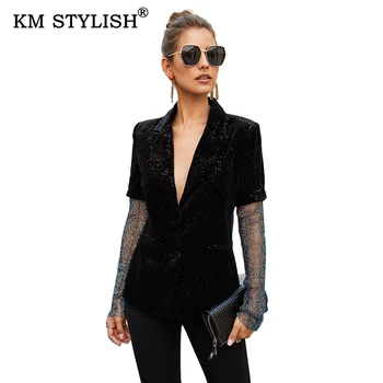 

New Women Autumn Winter Wear Clothes Black Velvet Sequined Slim Casual Blazer V-neck Long-sleeve Bling Female Blazers Outer Coat