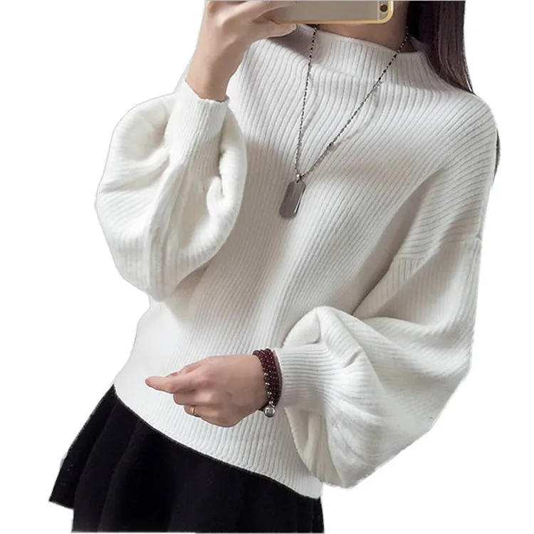 

2020 new Korean version half high neck bottom showing thin loose batshirt Pullover Lantern Sleeve Sweater for women-24