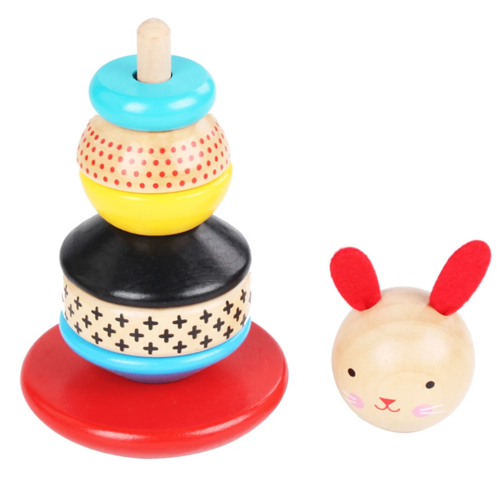 Wooden Blocks Toy for Kids Babies, Rainbow Tower Rabbit Tumbler Doll Roly-poly Baby Toy