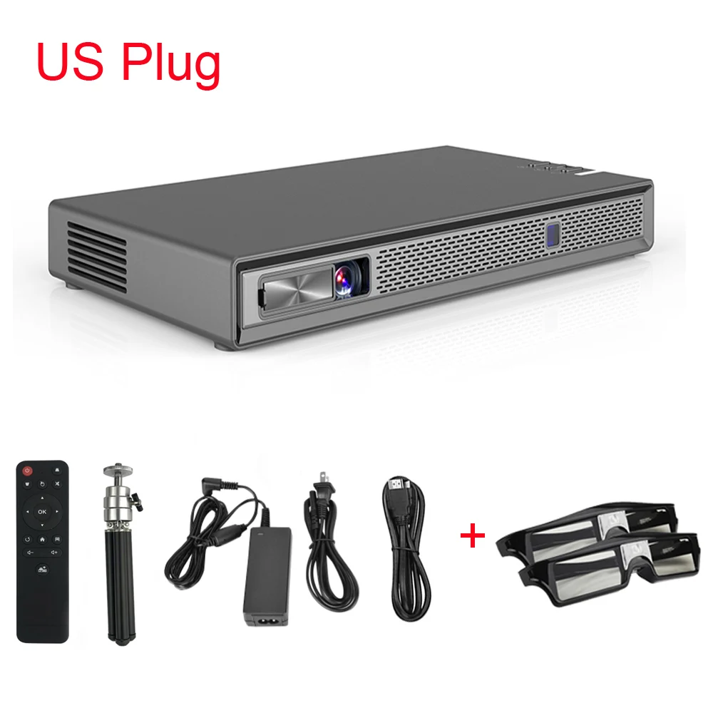US Add 2pcs 3D Glass T5 мини проектор 4K DLP Android проектор Full HD настоящий 3D с батареей, авто Keystone, WiFi светодиодный Smart Proyector Bluetooth - Цвет: US Add 2pcs 3D Glass