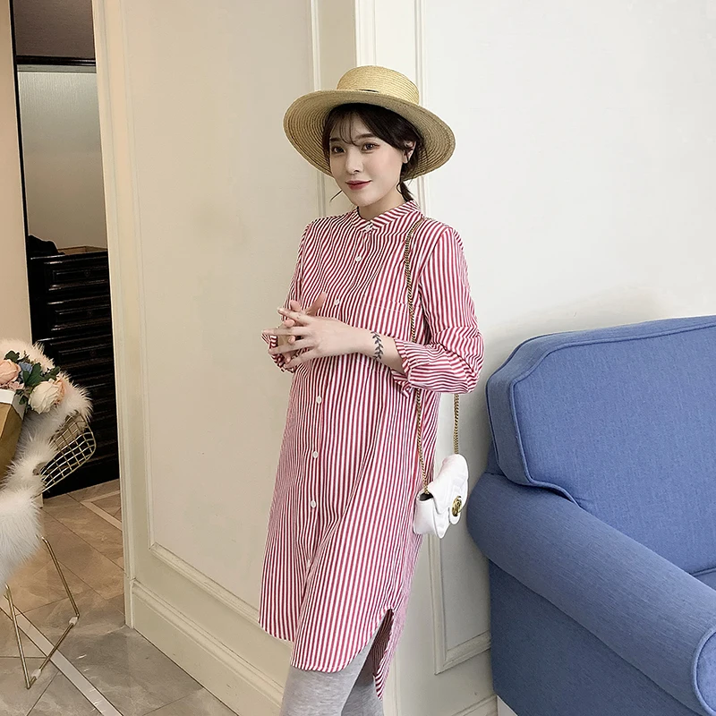 4051# Осенняя корейская мода для беременных Блузки платье в полоску большого размера свободная одежда для беременных женщин осенние длинные топы для беременных