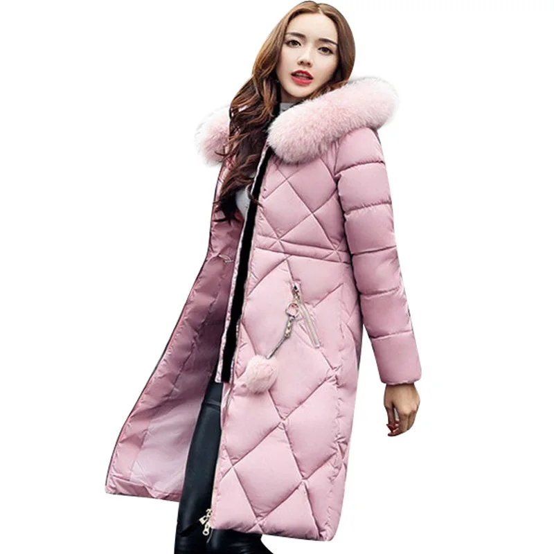 Большое меховое зимнее пальто, утолщенная парка, женское простроченное тонкое длинное зимнее пальто, пуховая Хлопковая женская парка, пуховик для женщин Y07 - Цвет: Pink