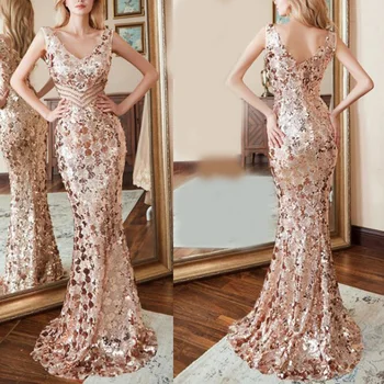 

Women Long Sequined Dresses Evening Formal Party 2020 Summer Sleeveless Floor Length Mermaid Slim Elegant Rich Ladies Dress Hot