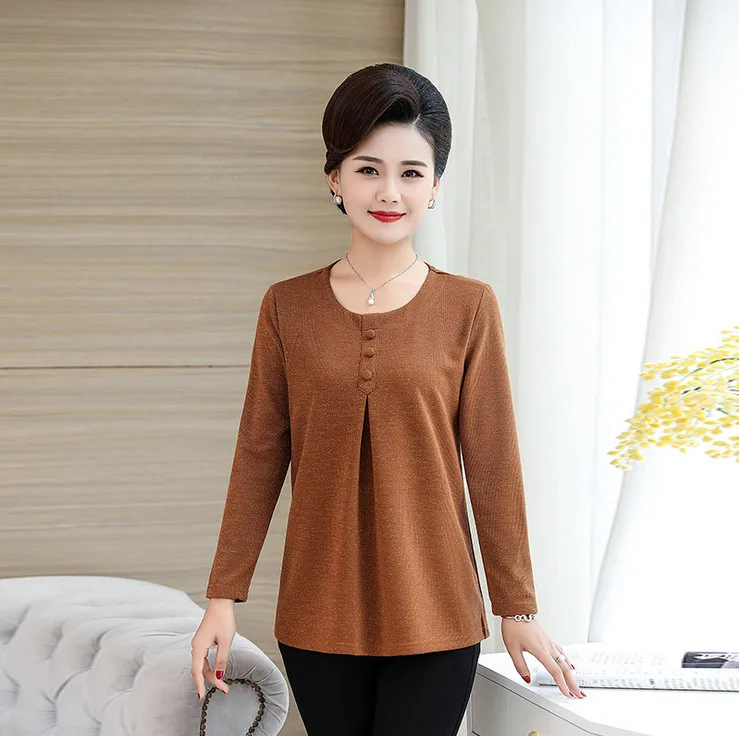 caramel color 666XX Женские футболки с длинным рукавом, топы, пуловеры, весна-осень, новинка, большие размеры, рубашки для мамы среднего возраста - Color: caramel color 666XX