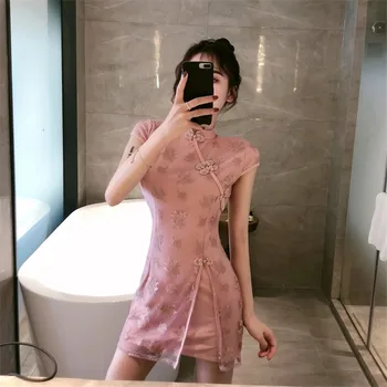

Model real shot 2020 spring and autumn new short-sleeved lace stitching split retro retro cheongsam waist sexy dress