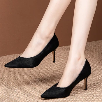 

Horsehair Leather Pumps for Women Heels High Heel Shoes Spring Autumn Pointed Toe Office Ladies Shoes