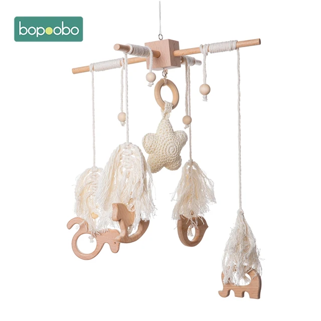Bopoobo 1set Silicone Beads Baby Mobile Beech Wood Bird Rattles Wool Balls Kid Room Bed Hanging Decor Nursing Children Products Star