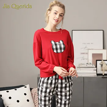 

Sleepwear Women Pajamas New Spring Autumn Long Sleeve 100% Cotton Plaid Pajama Pants Stitching Bear Kawaii Red Women's Pajamas
