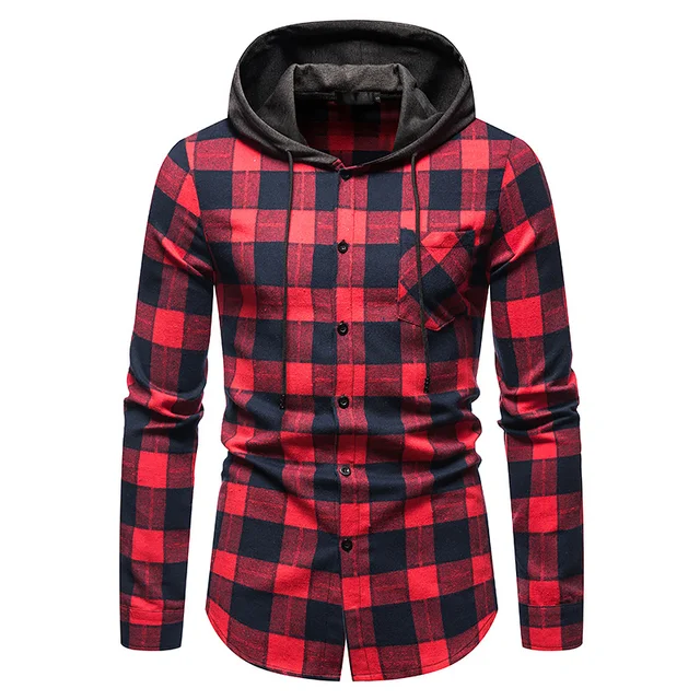 Red Black Plaid Hoodie Shirt Men 2019 