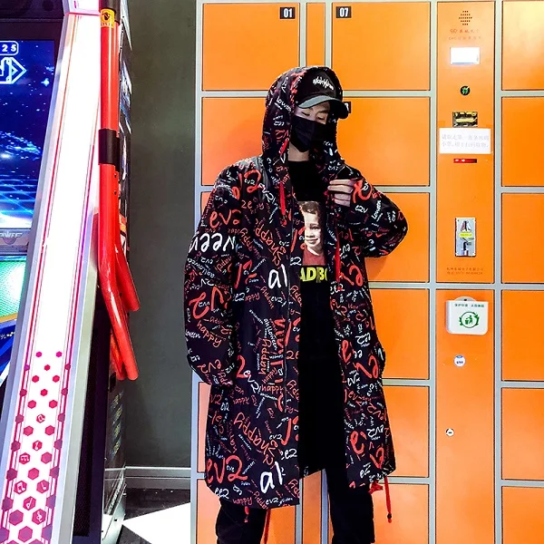 Длинная куртка Тренч мужская с буквенным принтом Harajuku ветровка с капюшоном хип хоп осень зима пальто мужская повседневная верхняя одежда - Цвет: Red