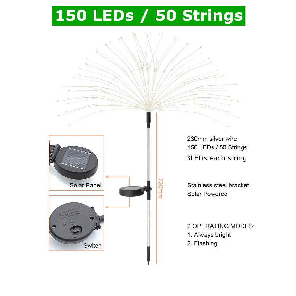 1pcs Outdoor LED Solar Flashing Fireworks Lights 90/150 LEDs Waterproof String Fairy Light For Home Garden Christmas Decoration brightest outdoor solar lights Solar Lamps