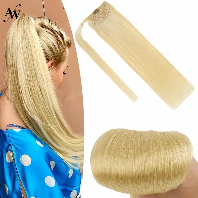 AW 12''-24'' Ponytail Human Hair Wrap Around Machine Remy Hair Extensions Brazilian Hair Extensions Clip Ins Blonde Brown Color #613