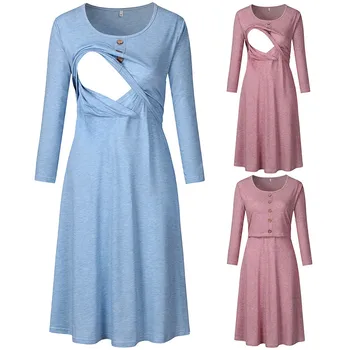 

women dress Maternity Casual Long Sleeve Button Nursing Dress For Breastfeeding pregnancy сарафан для беременных robe femme#D5