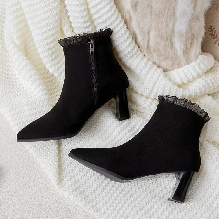 

2019 Autumn And Winter New Style Women's Boots Pointed Toe Chunky Heel Short Boots Lace-up Fashion High Heels Dull Polish WOMEN'
