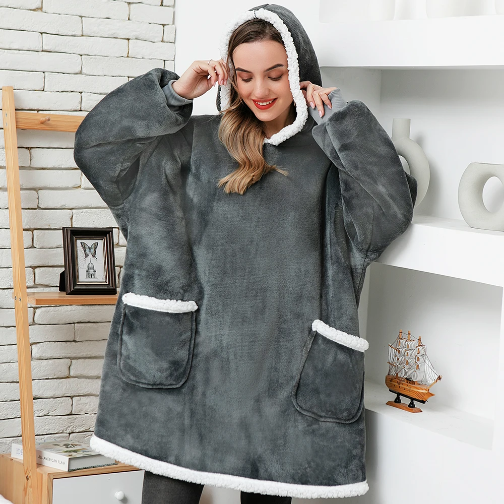 Oversized Hoodie Blanket With Sleeves Sweatshirt Plaid Winter Fleece Hoody Women Pocket Female Hooded Sweat Oversize Femme