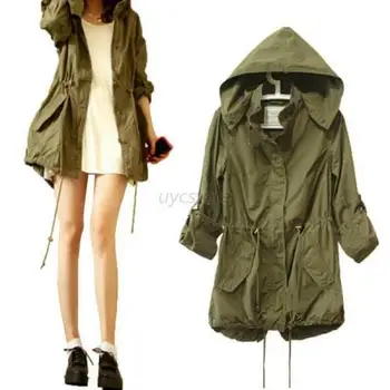 

Women Army Green Military Trench Parka Hoodie Drawstring Jacket Coat